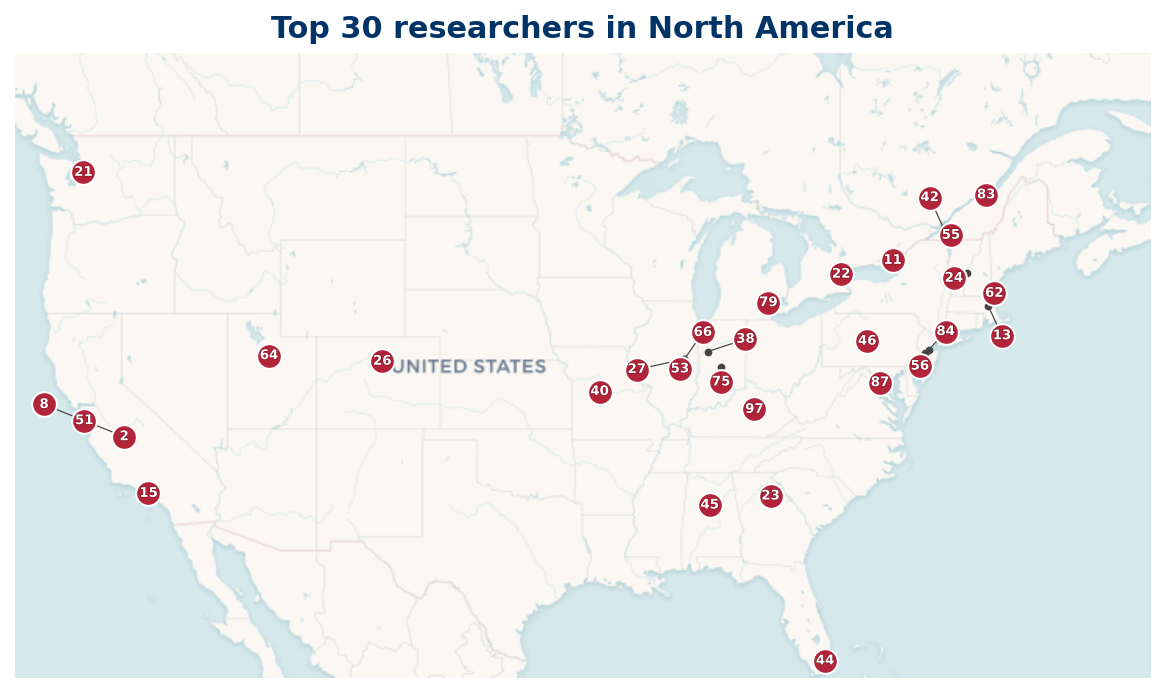 Map of North America Top 100 researchers