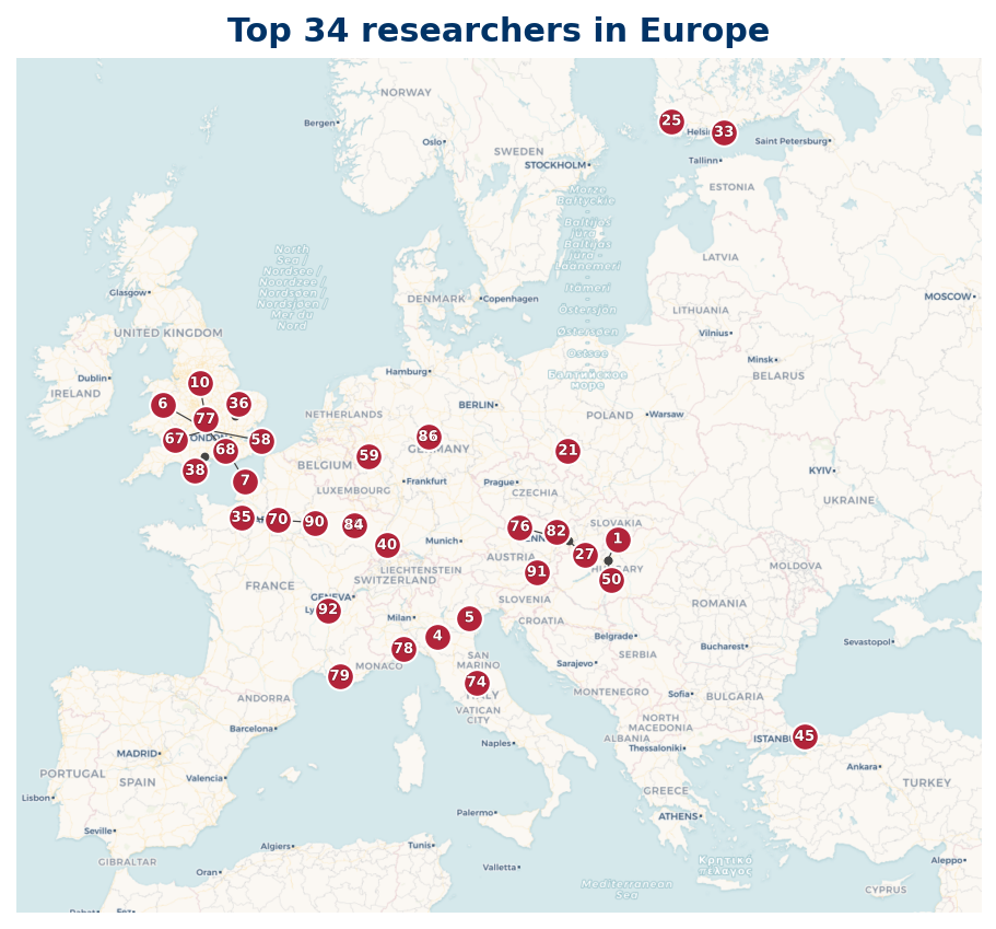 Map of Europe Top 100 researchers