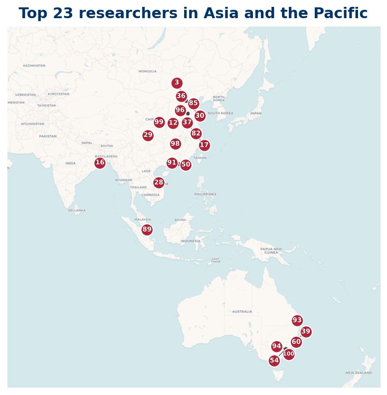 Map of Asia and the Pacific Top 100 researchers